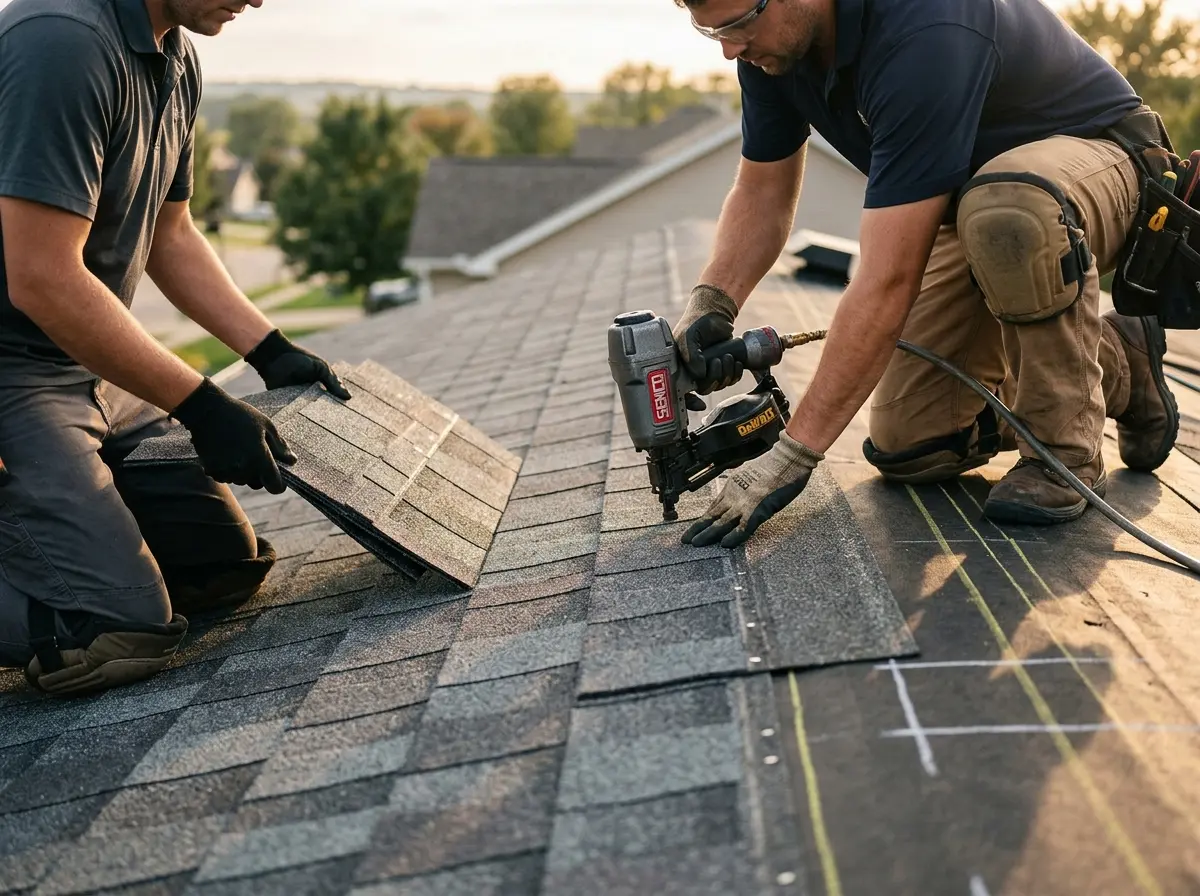 Professional roofer working on a residential roof in Mena